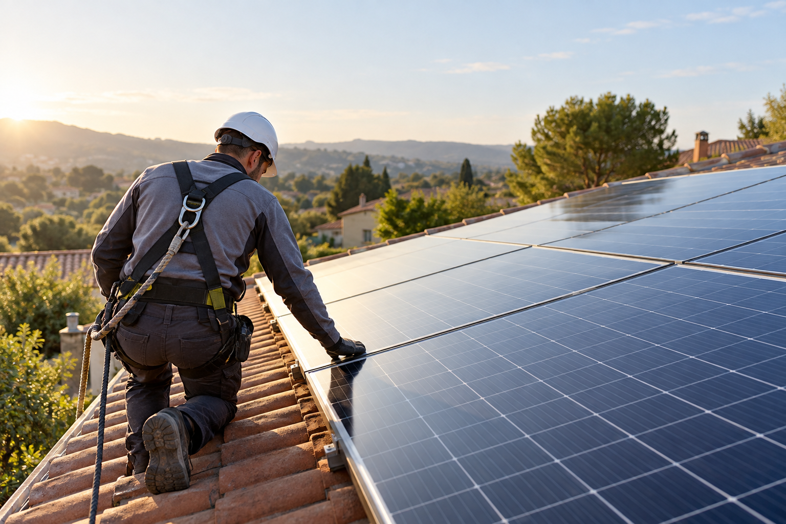 Installateur inspectant prudemment des panneaux solaires en toiture