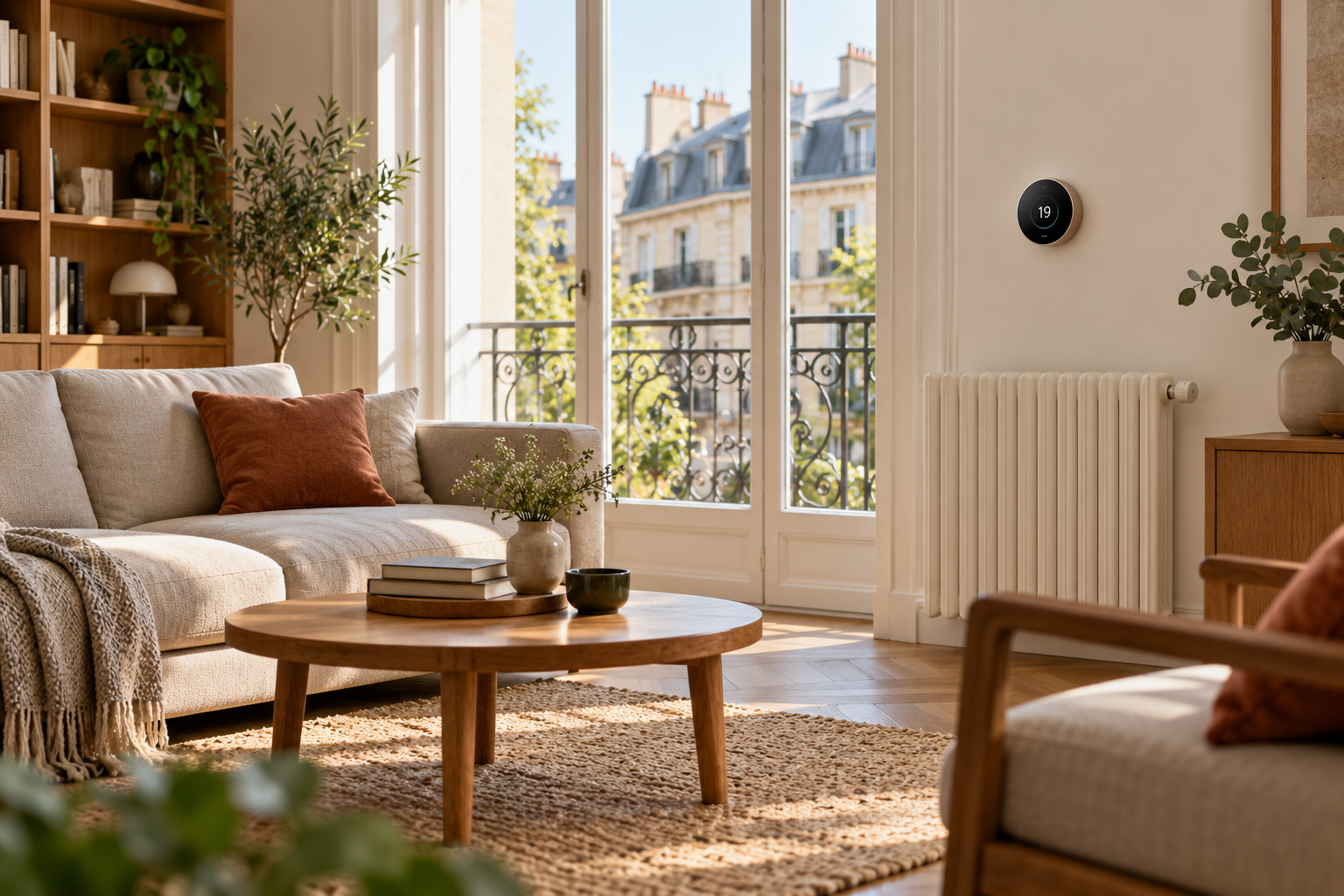 Thermostat connecté installé au mur dans un séjour lumineux, près d’un radiateur