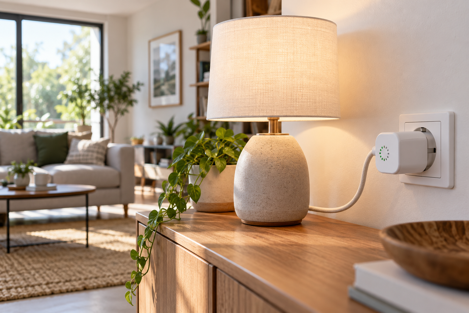 Prise connectée branchée près d’une lampe dans un séjour
