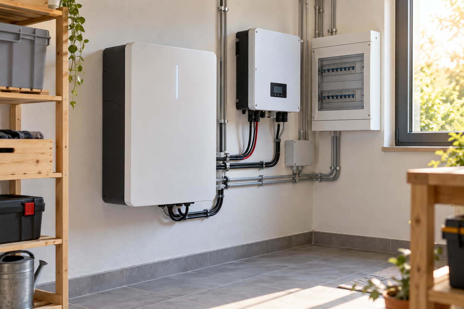 Batterie domestique installée près d’un onduleur et d’un tableau électrique