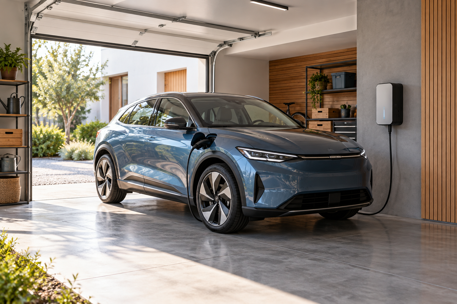 Voiture électrique branchée à une borne murale dans un garage résidentiel
