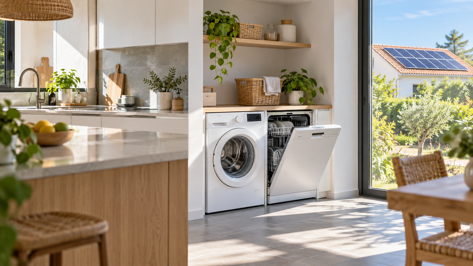 Lave-linge et lave-vaisselle dans une maison équipée de panneaux solaires