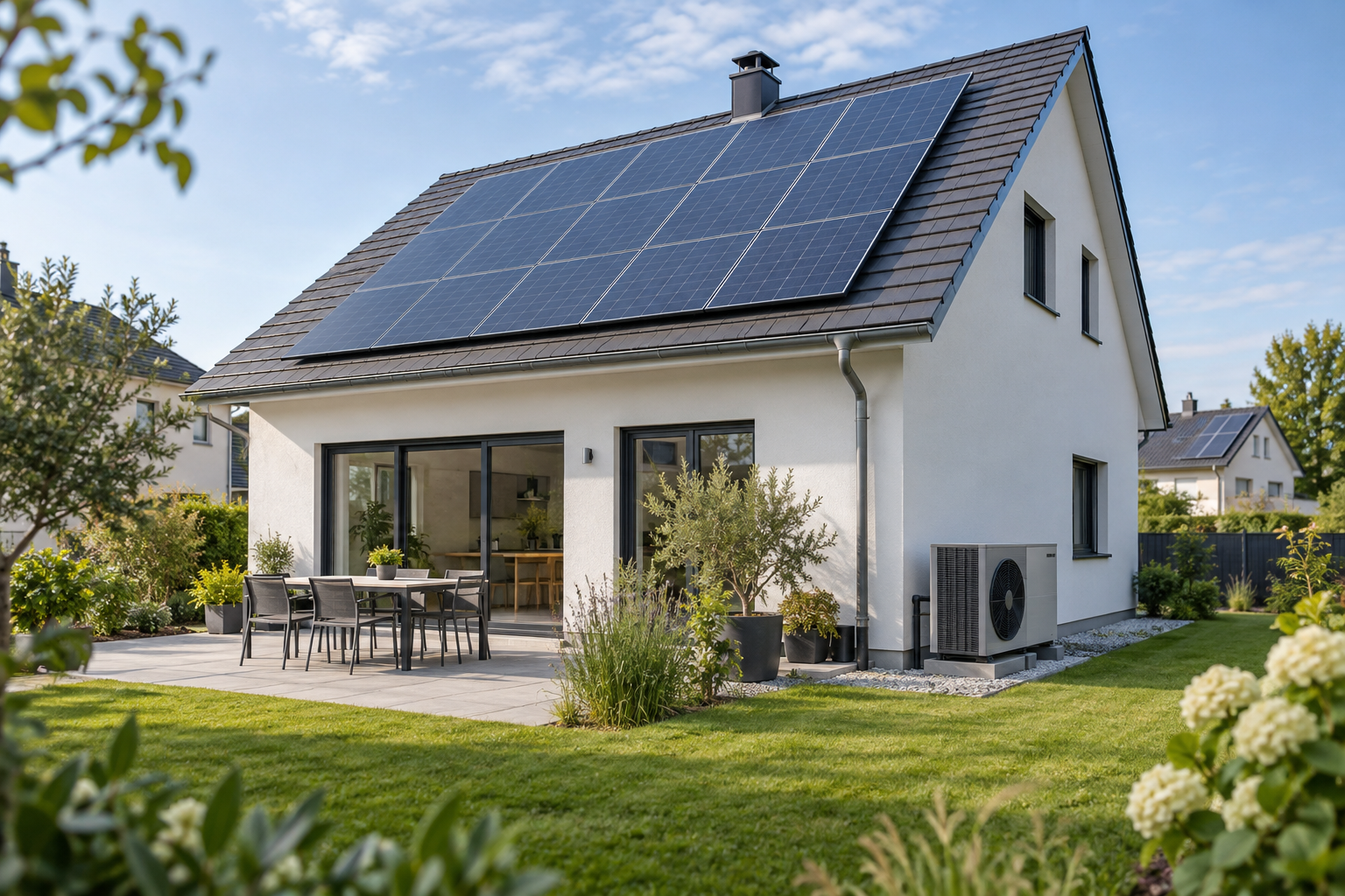 Maison équipée de panneaux solaires et d’une pompe à chaleur extérieure
