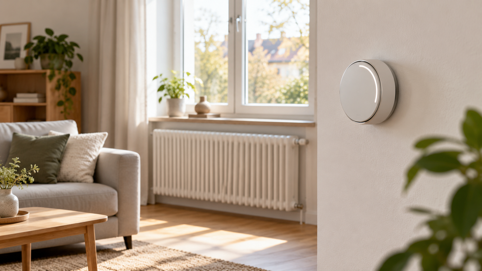 Thermostat mural dans un séjour lumineux avec radiateur sous la fenêtre