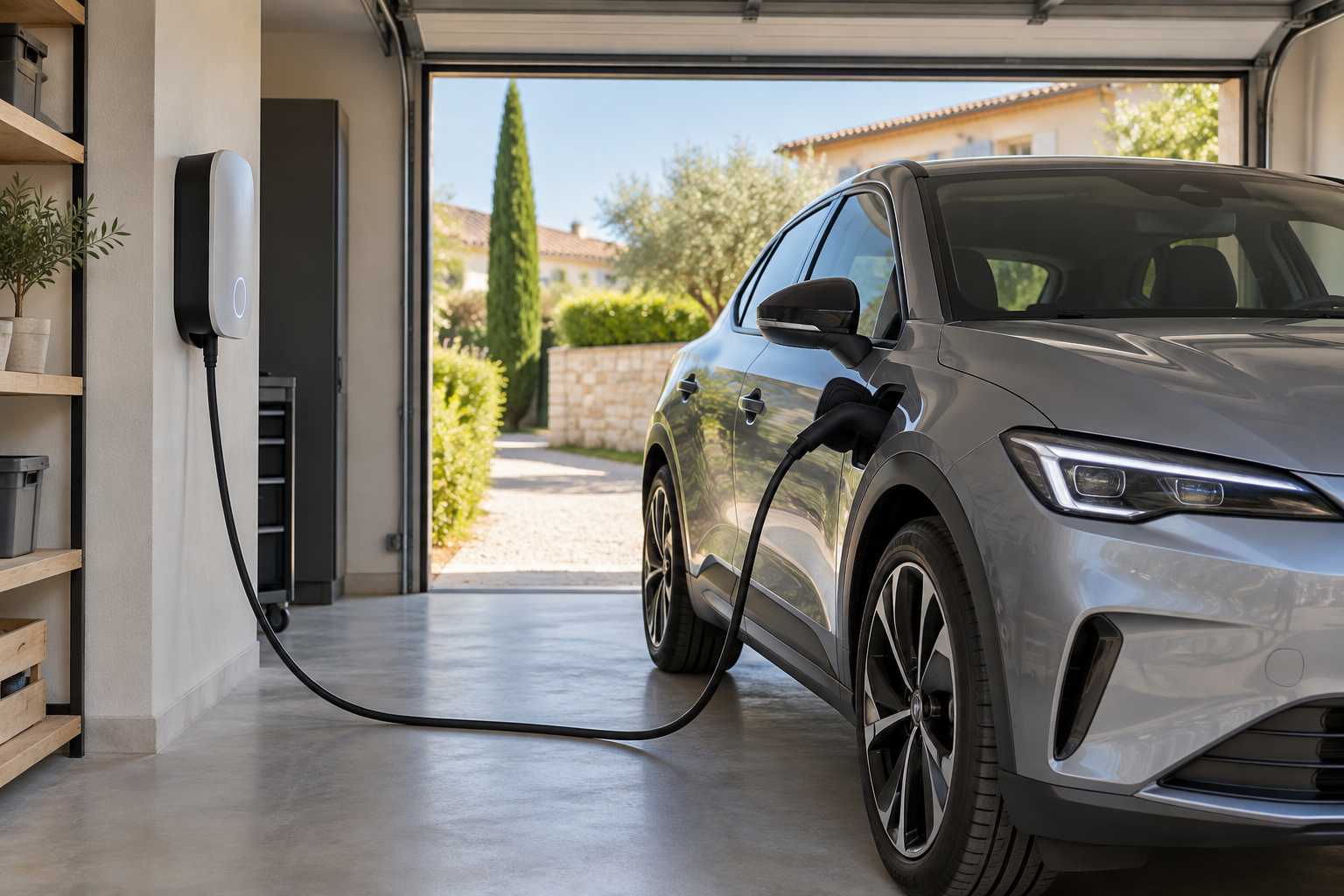 Voiture électrique branchée à une borne murale dans un garage résidentiel