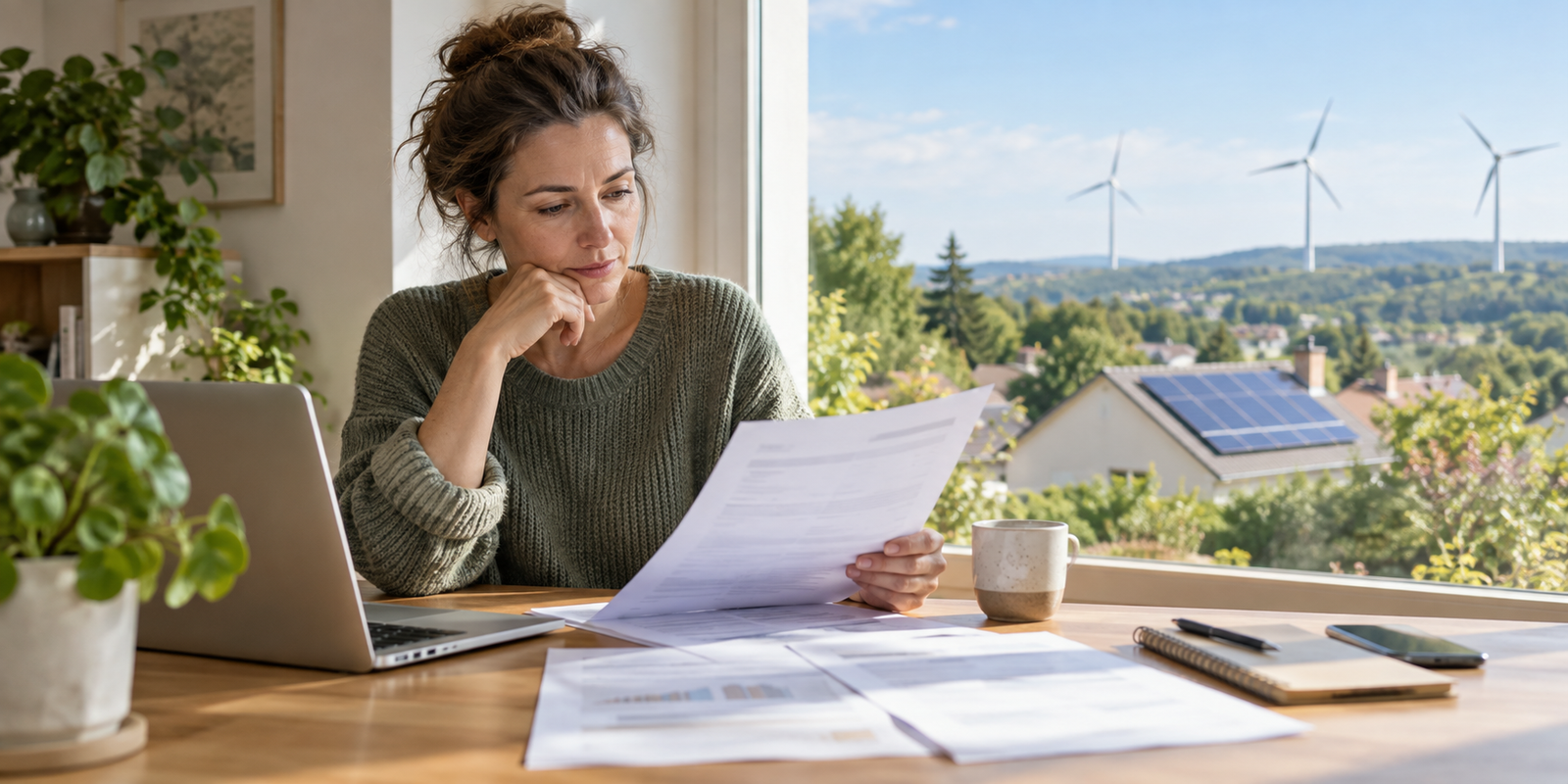 Personne comparant une offre d’électricité face à des panneaux solaires et éoliennes
