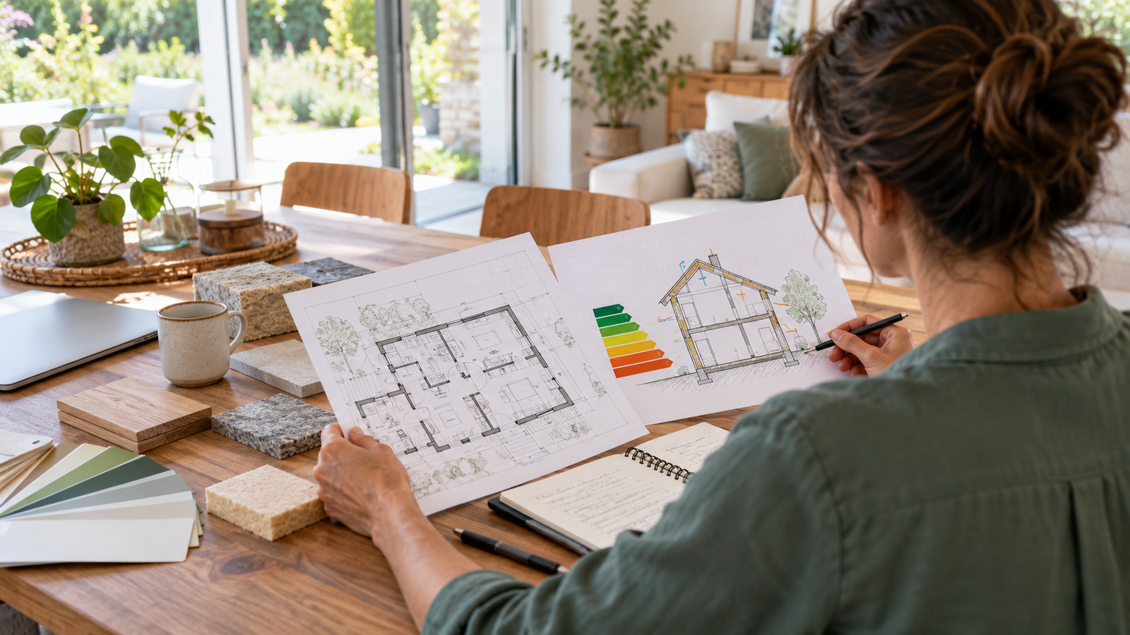 Conseiller étudiant les plans et les priorités de rénovation énergétique d’une maison