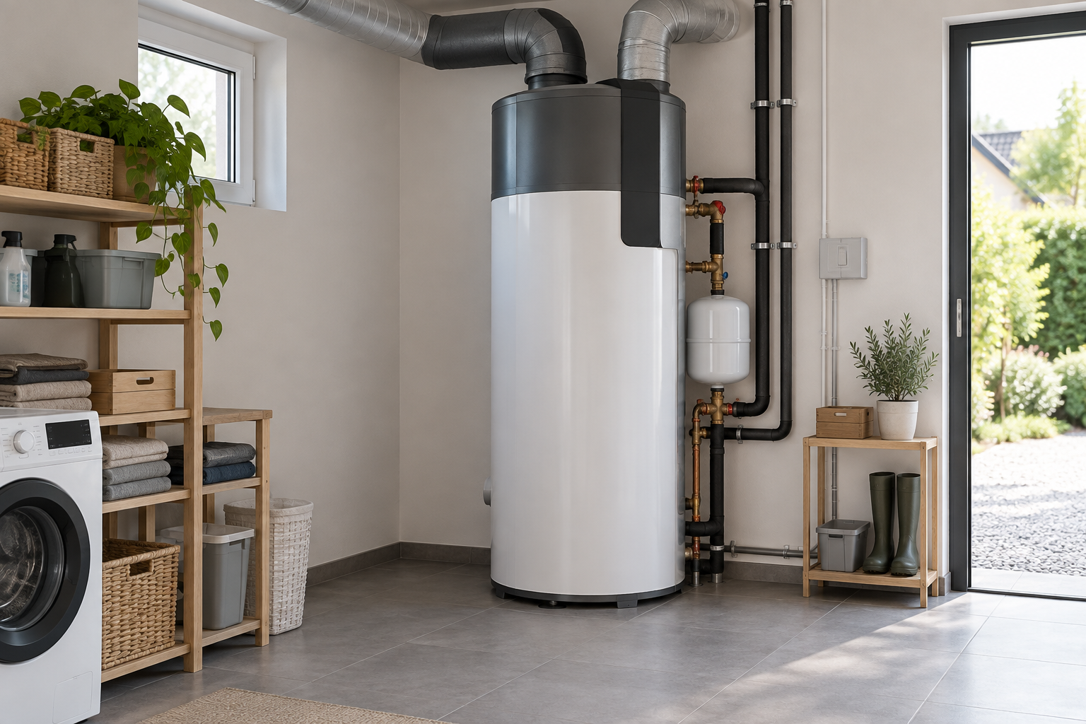 Chauffe-eau thermodynamique installé dans une buanderie avec conduits et raccordements