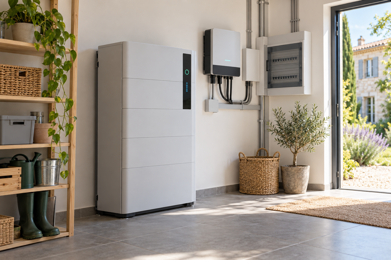 Batterie domestique installée dans un local technique avec onduleur et tableau électrique