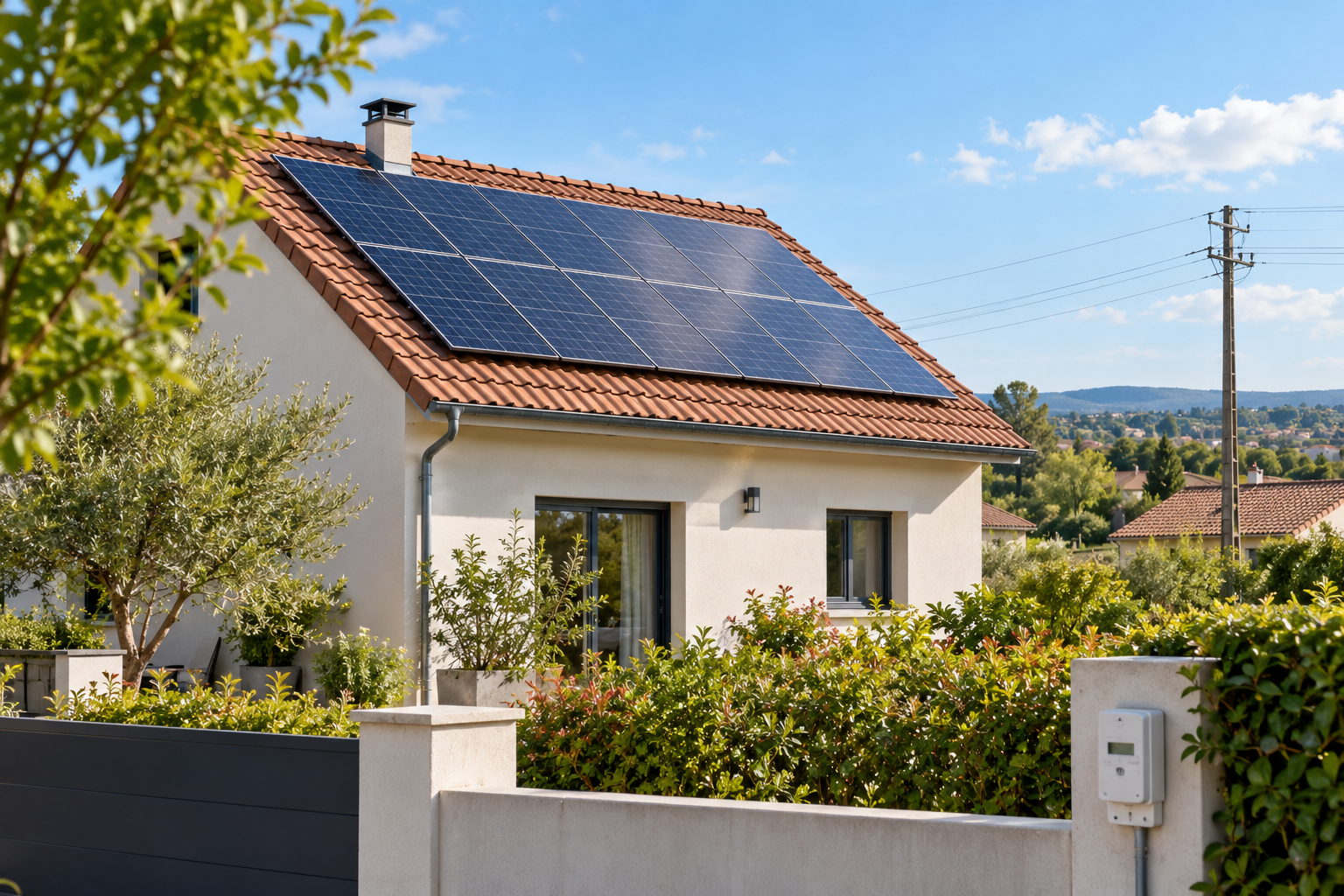 Maison individuelle équipée de panneaux photovoltaïques raccordée au réseau électrique