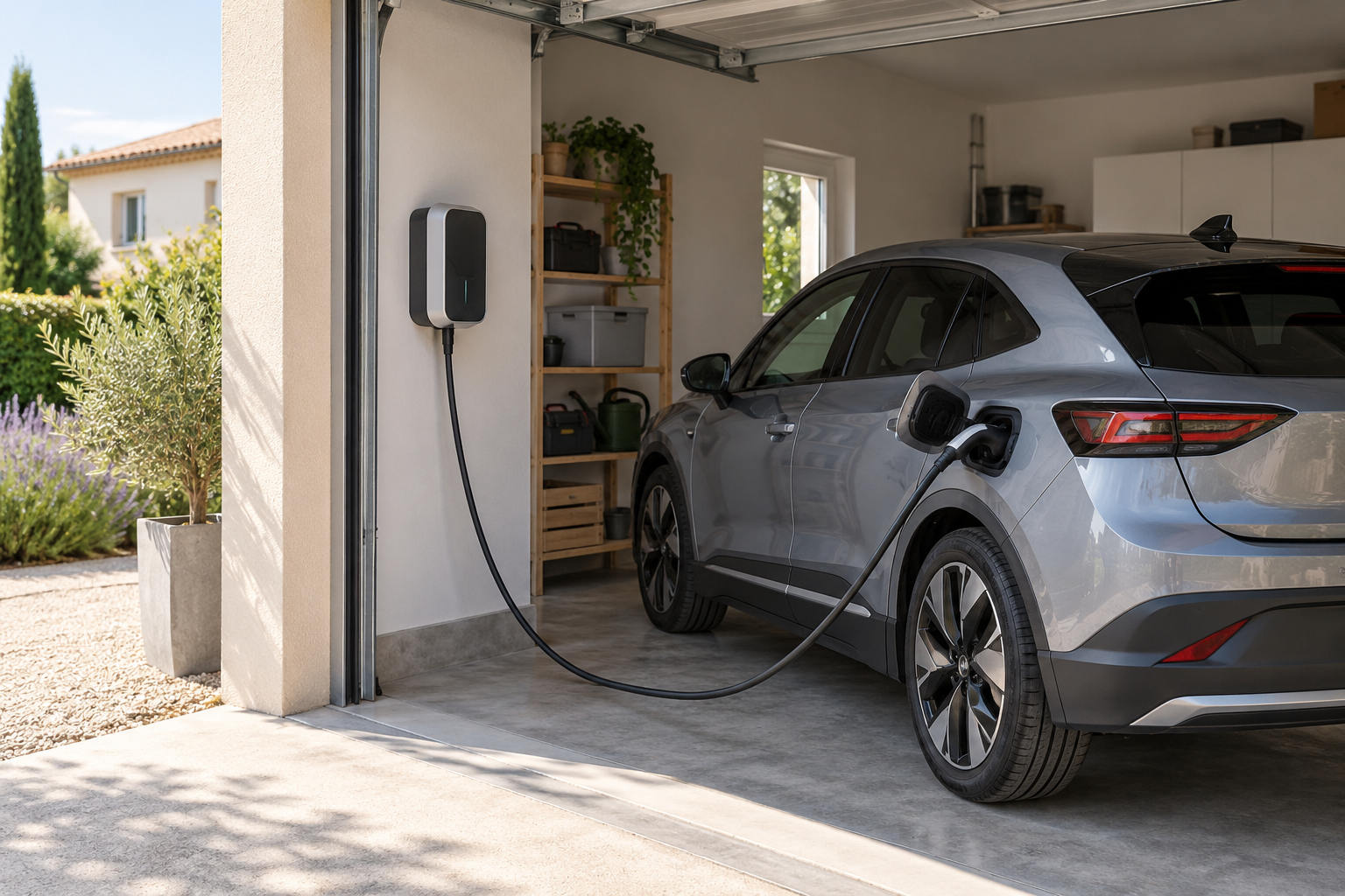 Voiture électrique branchée à une borne murale dans un garage résidentiel