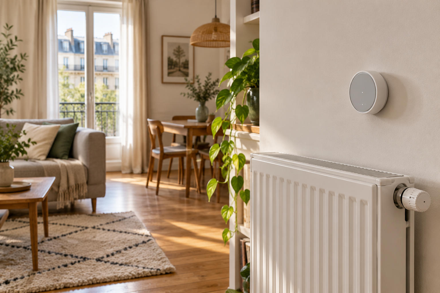 Thermostat connecté installé au mur au-dessus d’un radiateur dans un séjour