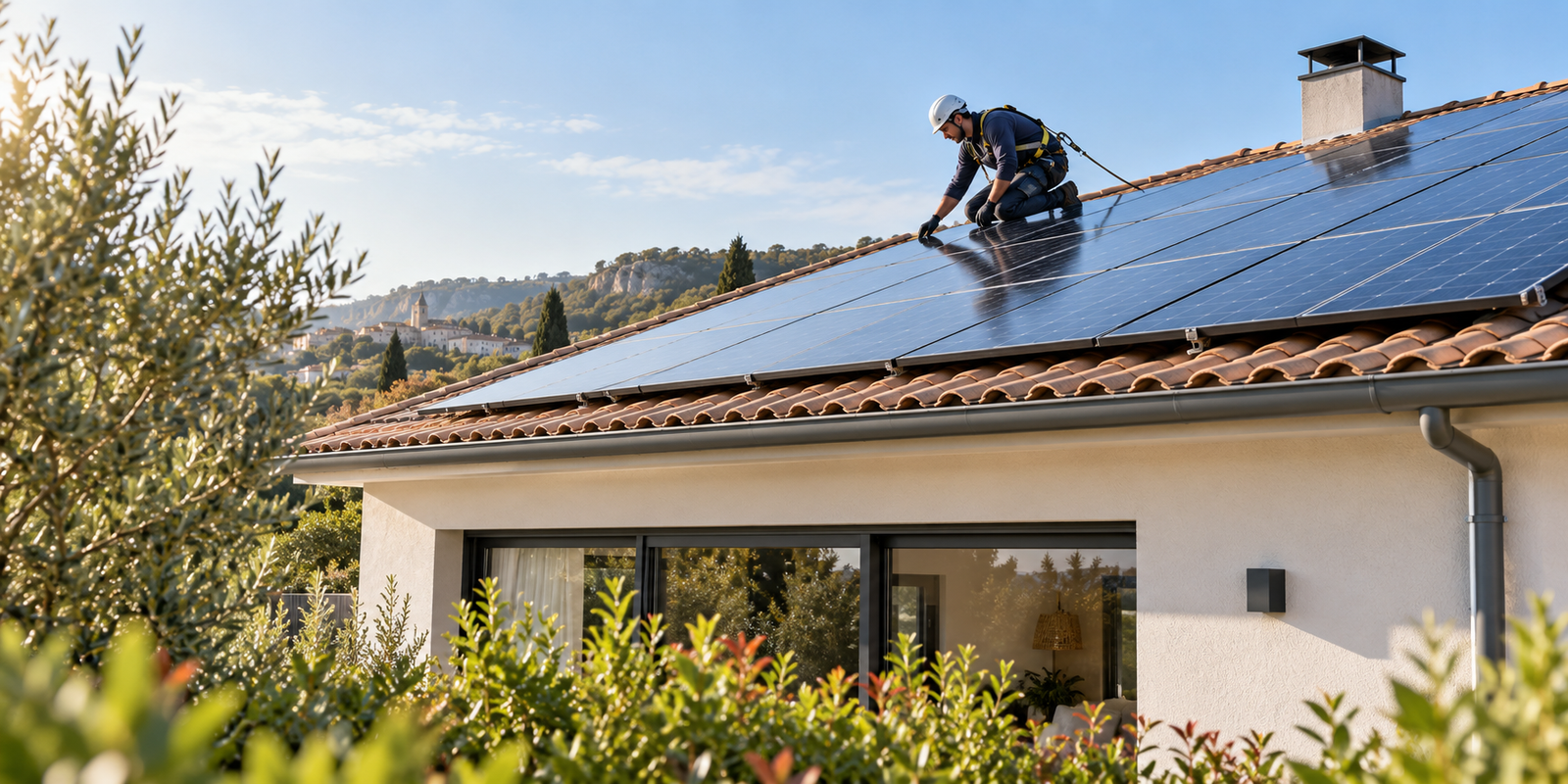 Technicien inspectant des panneaux solaires sur le toit d’une maison